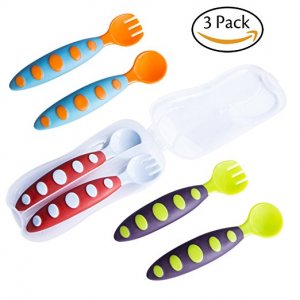 Hibery 3 Pack Baby Spoon and Fork Travel Set with Bonus Travel Case - Toddler Training Learning Spoons Forks & Perfect Self Feeding Spoon, Great Baby Shower Gifts Set Hibery