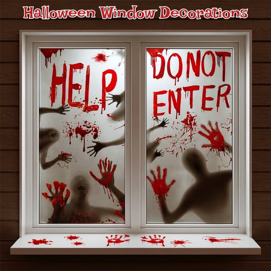HiberyHom Bloody Halloween Window Clings , Bloody Handprints and Haunted House Door Cover Halloween Decor, Halloween Party Supplies