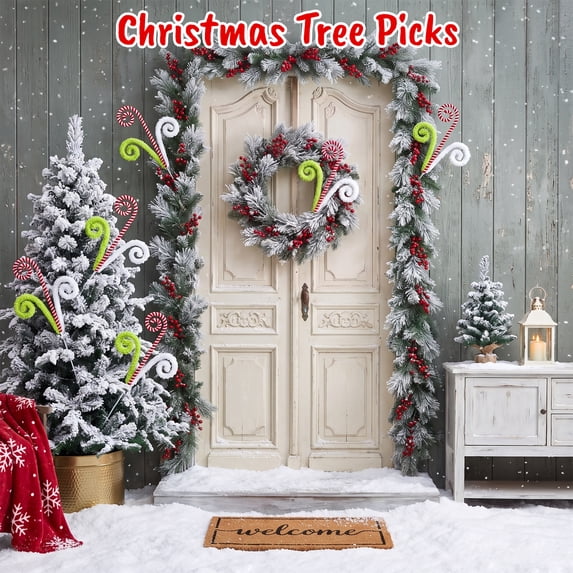 HiberyHom 6 Pcs Christmas Tree Decor, 17 Inch White Red and Green Candy Cane Christmas Decorations, Large Branch Stick Picks for Xmas Holiday Wreath Vase Party