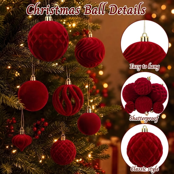 HiberyHom 36 Pcs Red Velvet Christmas Ornaments, Flocked Shatterproof Burgundy Red Christmas Balls, Hanging Velvet Christmas Balls Ornaments for Xmas Holiday Home Party Decor