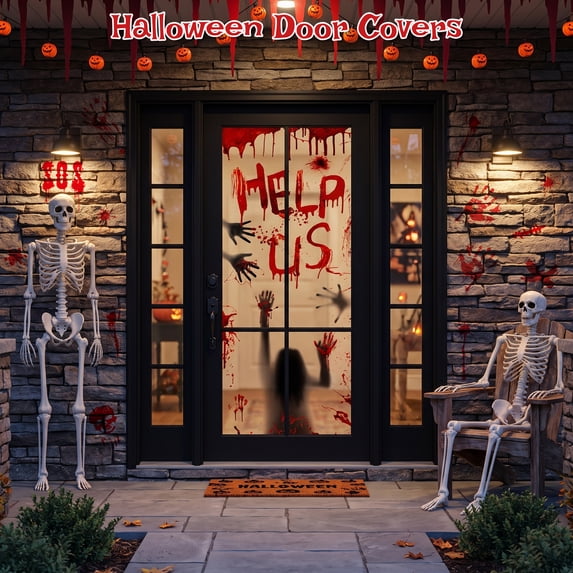 HiberyHom Bloody Halloween Window Clings , Bloody Handprints and Haunted House Door Cover Halloween Decor, Halloween Party Supplies
