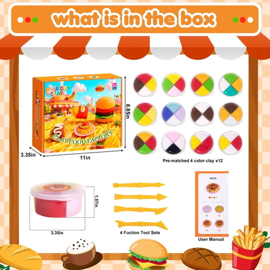 HiberyHom Air Dry Clay for Kids, Fast Food Themed, 12 Pack 4 Colors Magic Clay with Tutorials Sculpting Tools, Creative Art Crafts Toys Gifts for Girls Boys