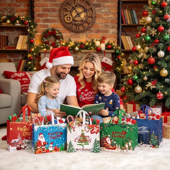 HiberyHom 12 Pack Christmas Tote Bag, Christmas Bags for Gifts with Handles, Ideal Christmas Goodie Bags, 12.6 x 6.7 x 9.8 inches