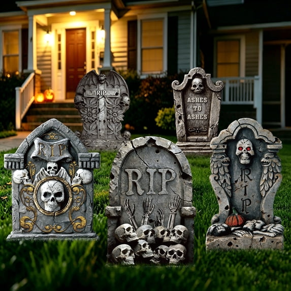 HiberyHom 25.6 Inch Halloween Tombstones, 5 Pcs Large Headstones for Graves with Stakes, Realistic Scary Cemetery Headstones for Halloween Outdoor Decor