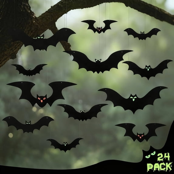 HiberyHom 24 Pack Hanging Bats Halloween Decorations Outdoor, Waterproof Black Plastic Bats 3 Different Sizes with Glowing Eyes Stickers, Bat Decorations Perfect for Halloween Hanging Tree Decor