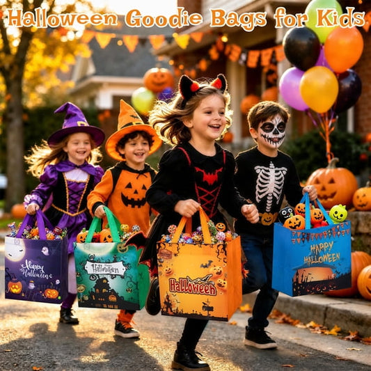 HiberyHom 16 PCS Halloween Trick or Treat Bags, Non-Woven Halloween Bags with Handles, Reusable Halloween Gift Bags for Holiday Party Candy Favors