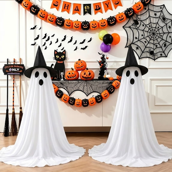 HiberyHom Halloween Decorations Outdoor, 2 Packs Cute Halloween Decorations Indoor, DIY Ghost Kit Decor with Witch Hat Remote Control String Lights for Porches Yards Gardens Decorations