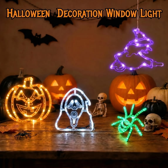 HiberyHom Halloween Lights, 4 Pack Witch Pumpkin Spider Grimace Halloween Decor Lights, Battery Operated Window Lights with Timer