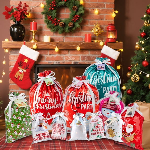 HiberyHom 38Pcs Christmas Giant Gift Bags, Jumbo Christmas Bags for Gifts, Xmas Large Plastic Gift Bags, Assorted Gift Bags Different Sizes
