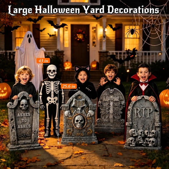 HiberyHom 25.6 Inch Halloween Tombstones, 5 Pcs Large Headstones for Graves with Stakes, Realistic Scary Cemetery Headstones for Halloween Outdoor Decor