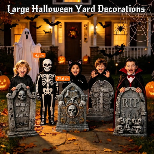 HiberyHom 25.6 Inch Halloween Tombstones, 5 Pcs Large Headstones for Graves with Stakes, Realistic Scary Cemetery Headstones for Halloween Outdoor Decor