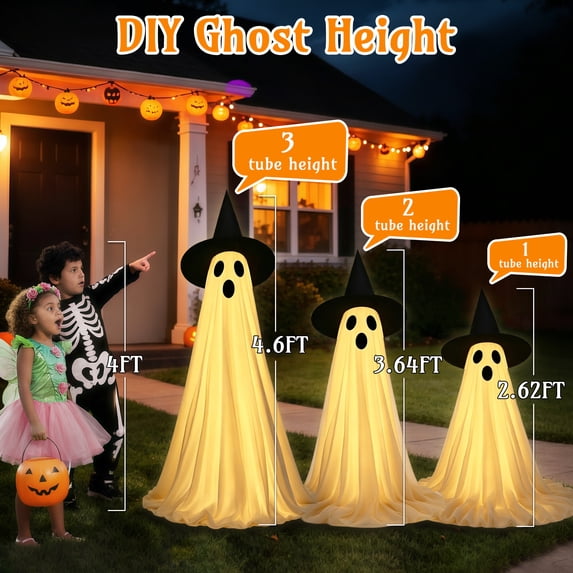 HiberyHom Halloween Decorations Outdoor, 2 Packs Cute Halloween Decorations Indoor, DIY Ghost Kit Decor with Witch Hat Remote Control String Lights for Porches Yards Gardens Decorations