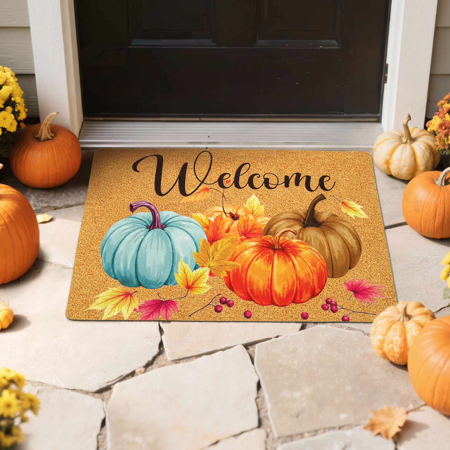 HiberyHom Pumpkin Fall Doormat, Fall Welcome Mat with Non-Slip Backing , Outdoor Indoor Doormat, 18 x 30 Inch