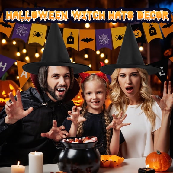 HiberyHom Halloween Witch Hats, 12 Pcs 15 inch Black Witch Hats with 328 ft Rope Hanging Halloween Decorations for Porch Yard Party