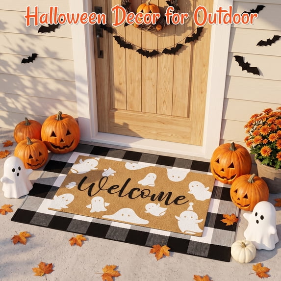 HiberyHom 2 Pcs Halloween Doormat Combo Set, 17" x 30" Ghost Halloween Welcome Doormat and 27" x 43" Black White Plaid Rug