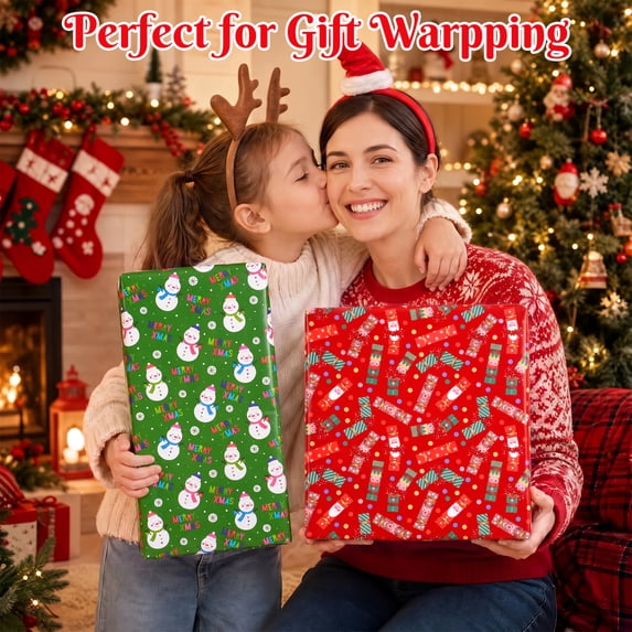 HiberyHom Christmas Wrapping Paper Rolls, 5 Rolls Wrapping Paper with Snowmen Christmas Trees Gift Boxes Merry Christmas, 17 in x 120 in Per Roll