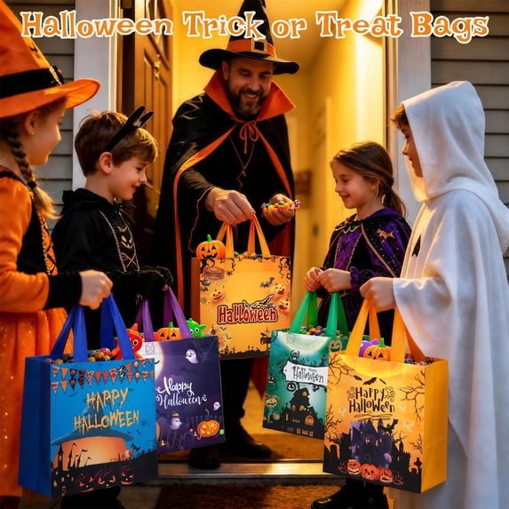 HiberyHom 16 PCS Halloween Trick or Treat Bags, Non-Woven Halloween Bags with Handles, Reusable Halloween Gift Bags for Holiday Party Candy Favors