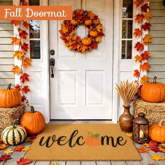 HiberyHom Fall Door Mat, Pumpkin Maple Leafs Fall Welcome Mat, Non Slip Fall Rugs for Porch Patio Home, 30 x 17 Inch
