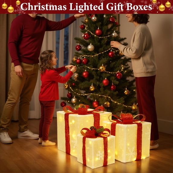HiberyHom Set of 3 Christmas Lighted Gift Boxes, Warm White LED Light up Xmas Ornaments, Christmas Tree Decorations for Indoor Outdoor Xmas Decor
