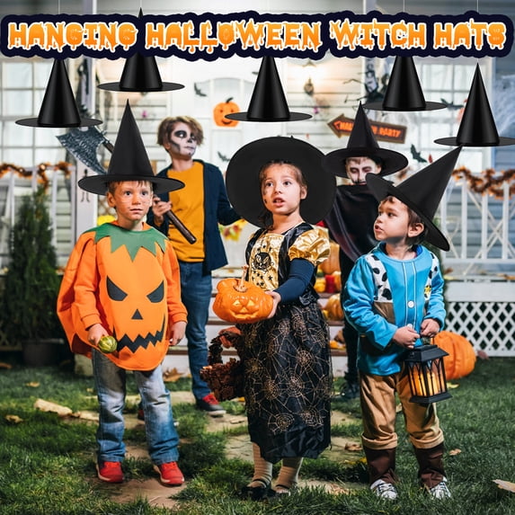 HiberyHom Halloween Witch Hats, 12 Pcs 15 inch Black Witch Hats with 328 ft Rope Hanging Halloween Decorations for Porch Yard Party