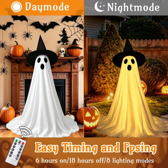 HiberyHom Halloween Decorations Outdoor, 2 Packs Cute Halloween Decorations Indoor, DIY Ghost Kit Decor with Witch Hat Remote Control String Lights for Porches Yards Gardens Decorations