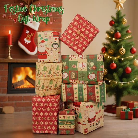 HiberyHom Christmas Wrapping Paper Rolls, 5 Rolls Gift Wrapping Supplies with Santa Claus, Snowflake, Christmas Tree Patterns Design, 17 x 120 inches