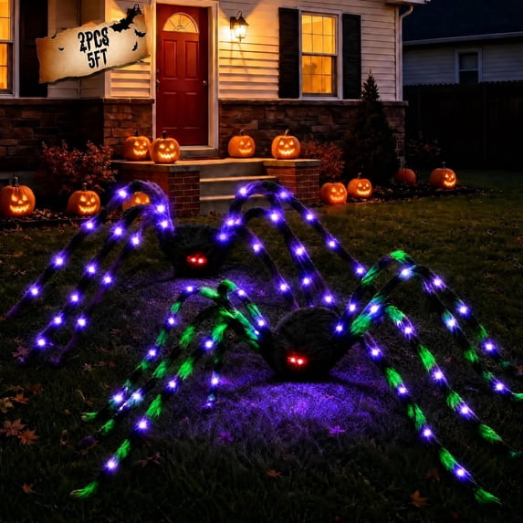 HiberyHom Halloween Decorations Outdoor, 5Ft Giant Spider Light Up Spider, 2 Pack Scary Large Halloween Spider Decor for Home Party Favor Yard Decor