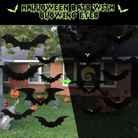 HiberyHom 24 Pack Hanging Bats Halloween Decorations Outdoor, Waterproof Black Plastic Bats 3 Different Sizes with Glowing Eyes Stickers, Bat Decorations Perfect for Halloween Hanging Tree Decor