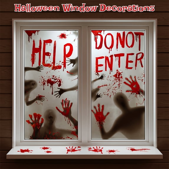 HiberyHom Bloody Halloween Window Clings , Bloody Handprints and Haunted House Door Cover Halloween Decor, Halloween Party Supplies