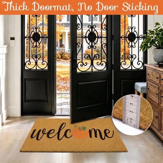 HiberyHom Fall Door Mat, Pumpkin Maple Leafs Fall Welcome Mat, Non Slip Fall Rugs for Porch Patio Home, 30 x 17 Inch