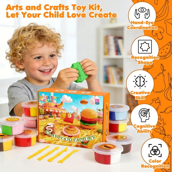 HiberyHom Air Dry Clay for Kids, Fast Food Themed, 12 Pack 4 Colors Magic Clay with Tutorials Sculpting Tools, Creative Art Crafts Toys Gifts for Girls Boys