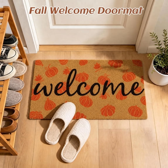 HiberyHom Fall Doormat, Pumpkin Maple Leafs Fall Welcome Mat with Non Slip Back, Indoor Outdoor Fall Doormat for Entrance Porch Decor, 30 x 17 Inch