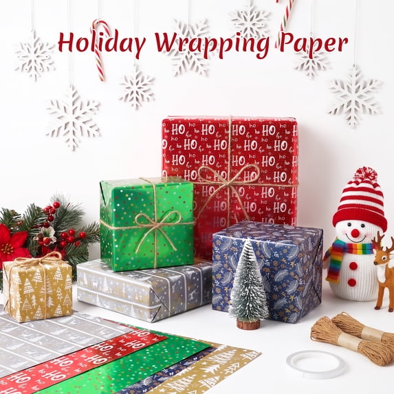 HiberyHom 5 Rolls Christmas Wrapping Paper, Gift Paper Wrap with Classic Christmas Design, Gift Wrap for Xmas Winter Holiday, 17 in x 120 in Per Roll
