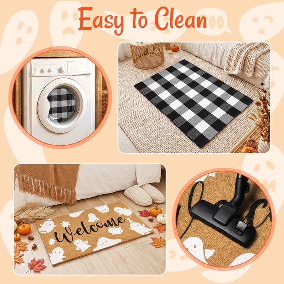 HiberyHom 2 Pcs Halloween Doormat Combo Set, 17" x 30" Ghost Halloween Welcome Doormat and 27" x 43" Black White Plaid Rug