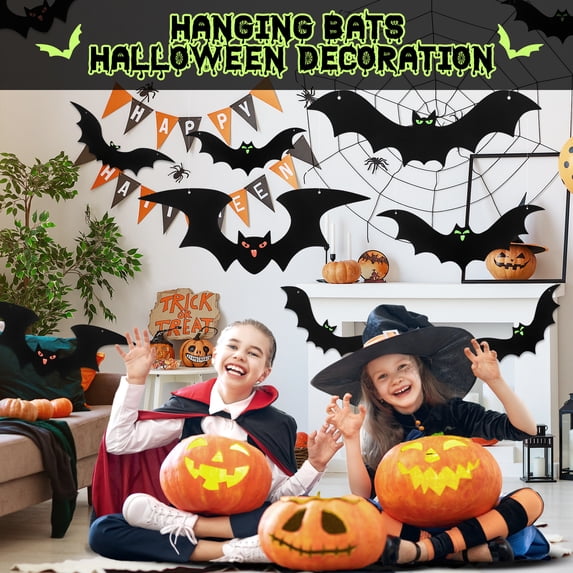 HiberyHom 24 Pack Hanging Bats Halloween Decorations Outdoor, Waterproof Black Plastic Bats 3 Different Sizes with Glowing Eyes Stickers, Bat Decorations Perfect for Halloween Hanging Tree Decor