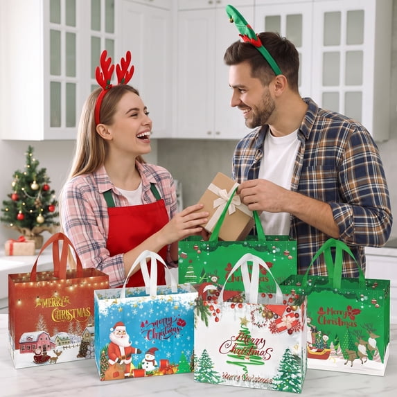 HiberyHom 12 Pack Christmas Tote Bag, Christmas Bags for Gifts with Handles, Ideal Christmas Goodie Bags, 12.6 x 6.7 x 9.8 inches