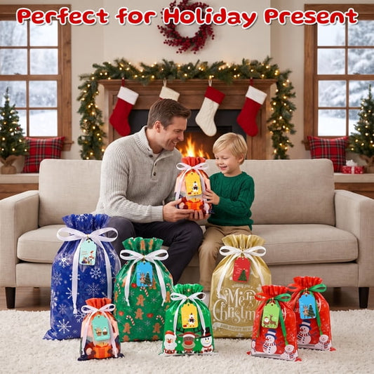 HiberyHom 24 Pcs Christmas Bags, Assorted Size Drawstring Christmas Bags for Gifts Wrapping Party Favors