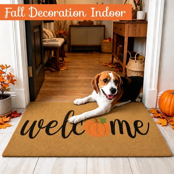 HiberyHom Fall Door Mat, Pumpkin Maple Leafs Fall Welcome Mat, Non Slip Fall Rugs for Porch Patio Home, 30 x 17 Inch