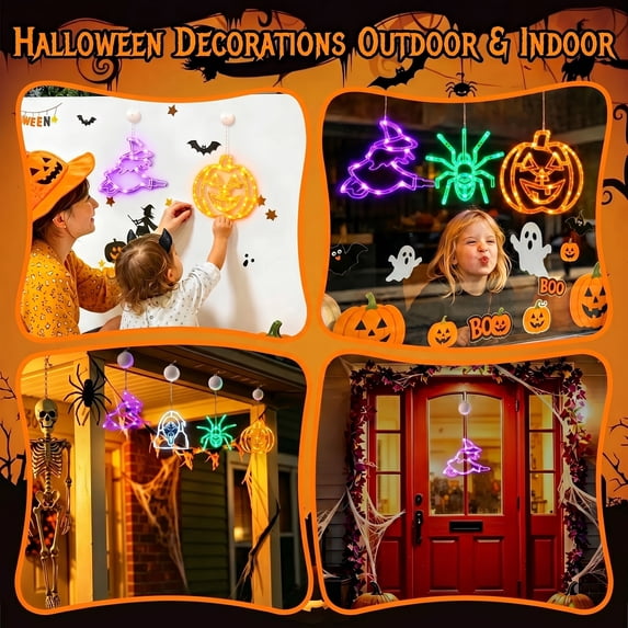 HiberyHom Halloween Lights, 4 Pack Witch Pumpkin Spider Grimace Halloween Decor Lights, Battery Operated Window Lights with Timer