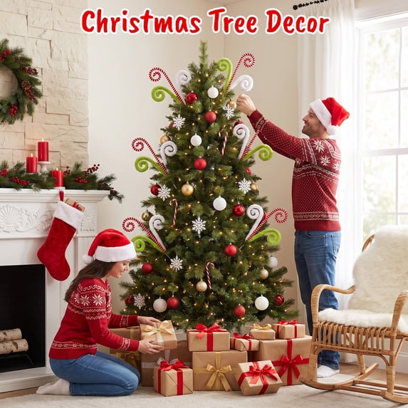 HiberyHom 6 Pcs Christmas Tree Decor, 17 Inch White Red and Green Candy Cane Christmas Decorations, Large Branch Stick Picks for Xmas Holiday Wreath Vase Party