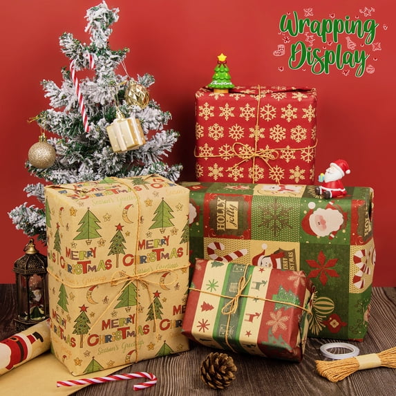 HiberyHom Christmas Wrapping Paper Rolls, 5 Rolls Gift Wrapping Supplies with Santa Claus, Snowflake, Christmas Tree Patterns Design, 17 x 120 inches