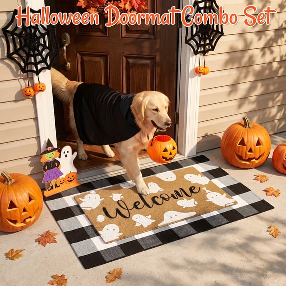 HiberyHom 2 Pcs Halloween Doormat Combo Set, 17" x 30" Ghost Halloween Welcome Doormat and 27" x 43" Black White Plaid Rug