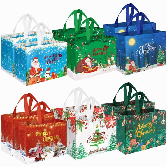 HiberyHom 12 Pack Christmas Tote Bag, Christmas Bags for Gifts with Handles, Ideal Christmas Goodie Bags, 12.6 x 6.7 x 9.8 inches