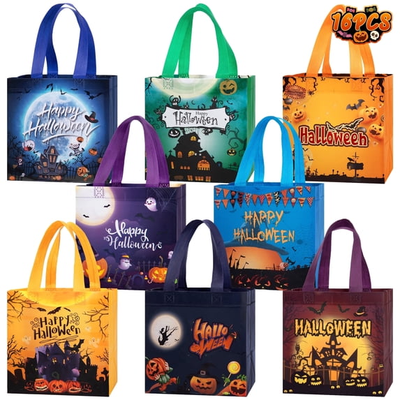 HiberyHom 16 PCS Halloween Trick or Treat Bags, Non-Woven Halloween Bags with Handles, Reusable Halloween Gift Bags for Holiday Party Candy Favors