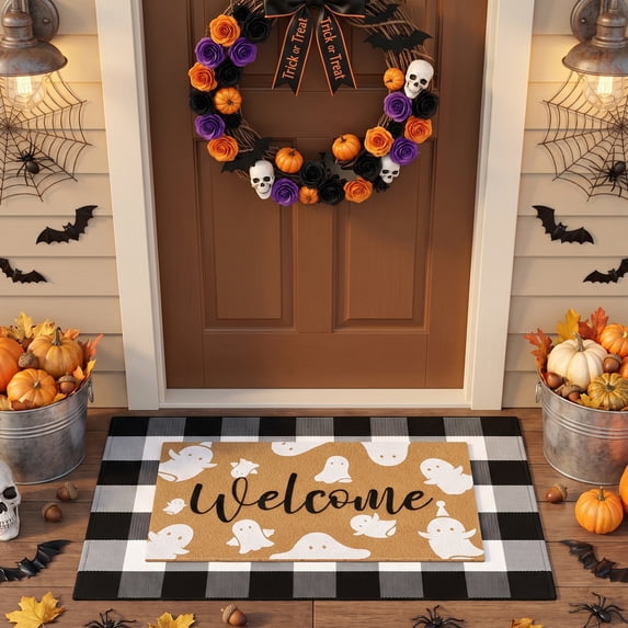 HiberyHom 2 Pcs Halloween Doormat Combo Set, 17" x 30" Ghost Halloween Welcome Doormat and 27" x 43" Black White Plaid Rug