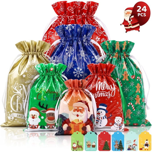 HiberyHom 24 Pcs Christmas Bags, Assorted Size Drawstring Christmas Bags for Gifts Wrapping Party Favors