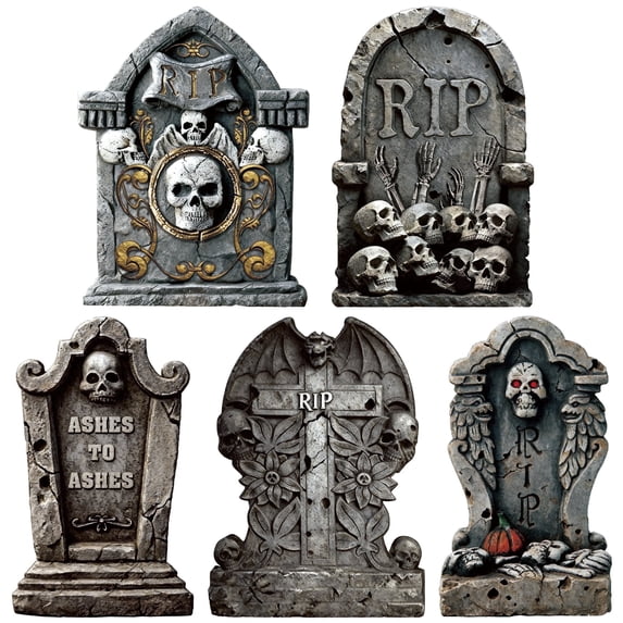 HiberyHom 25.6 Inch Halloween Tombstones, 5 Pcs Large Headstones for Graves with Stakes, Realistic Scary Cemetery Headstones for Halloween Outdoor Decor