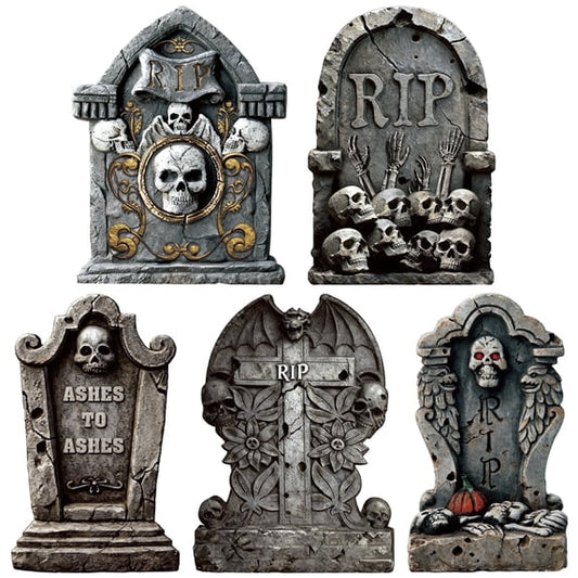 HiberyHom 25.6 Inch Halloween Tombstones, 5 Pcs Large Headstones for Graves with Stakes, Realistic Scary Cemetery Headstones for Halloween Outdoor Decor