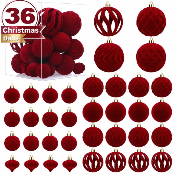 HiberyHom 36 Pcs Red Velvet Christmas Ornaments, Flocked Shatterproof Burgundy Red Christmas Balls, Hanging Velvet Christmas Balls Ornaments for Xmas Holiday Home Party Decor