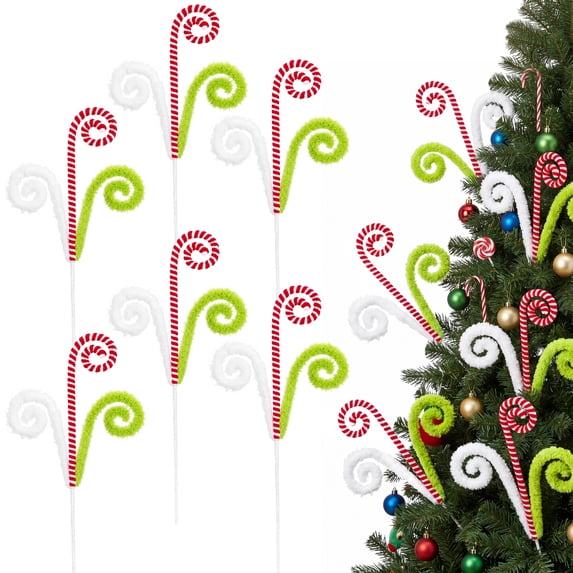 HiberyHom 6 Pcs Christmas Tree Decor, 17 Inch White Red and Green Candy Cane Christmas Decorations, Large Branch Stick Picks for Xmas Holiday Wreath Vase Party
